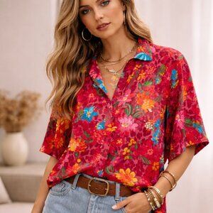 Johnny Was Silk Floral Boho Pajama Top Blouse Button Down Sz M Resortwear